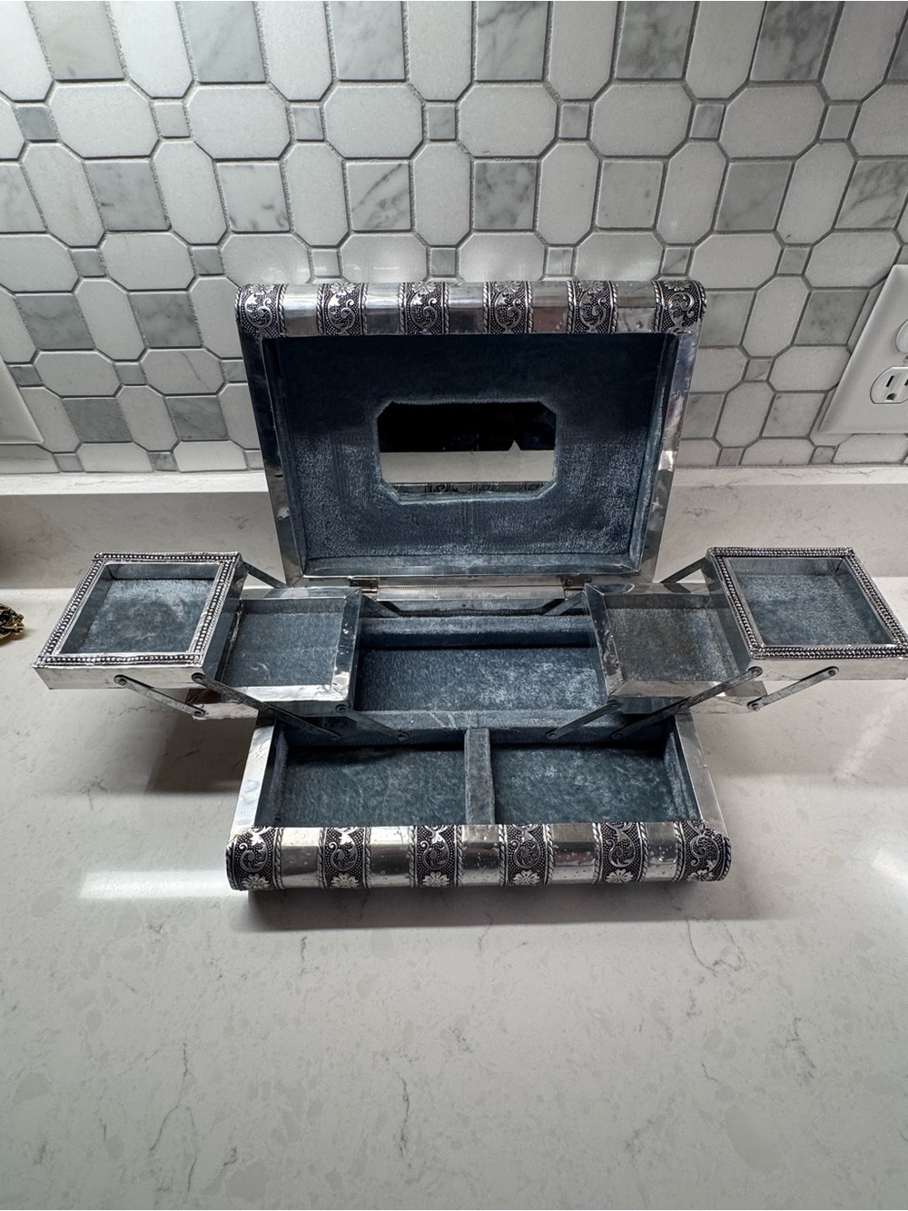 Vintage Indian Jewelry Box with Mirror - Velvet Lined Storage